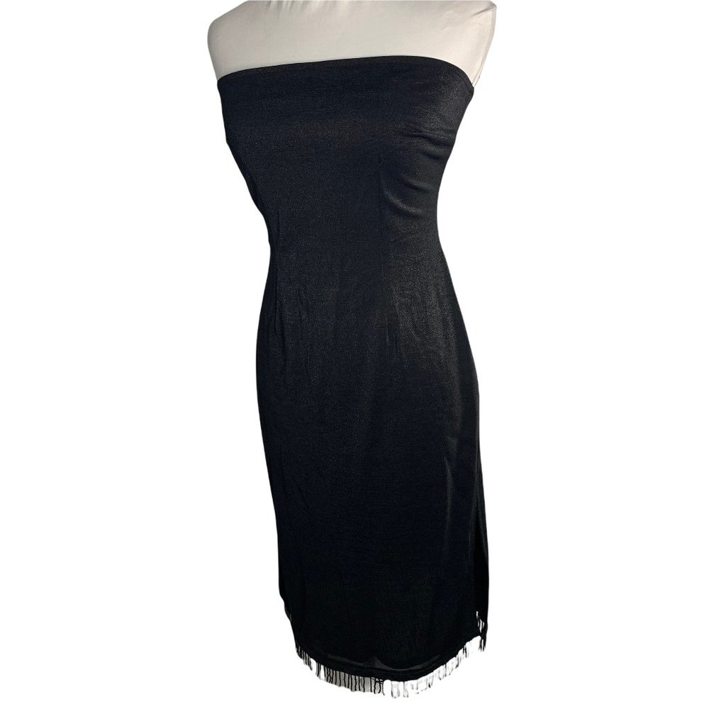 Vintage Georgette Strapless Dress M Black Metallic Beaded Fringe Stretch 25PE